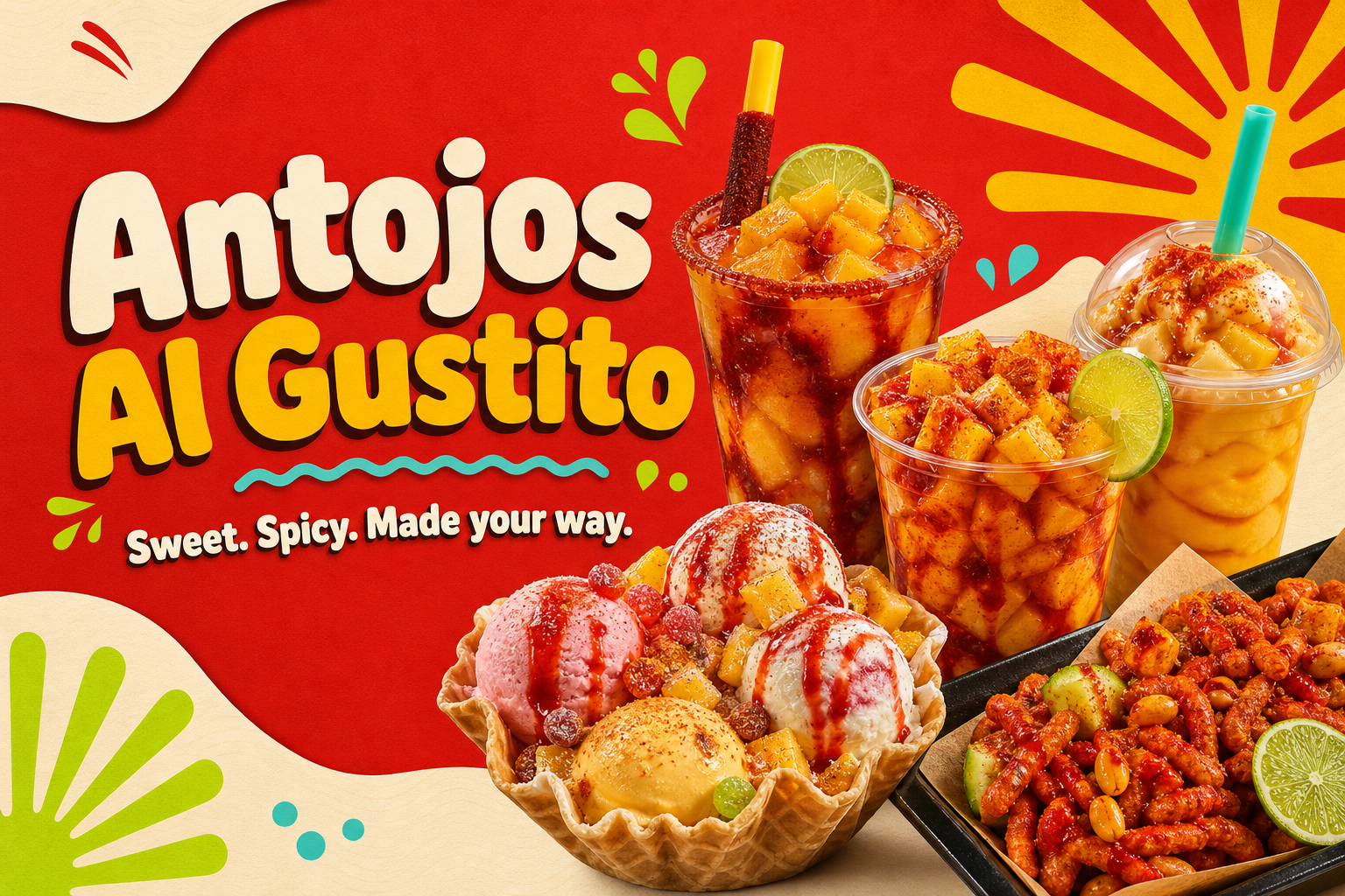 Antojos Al Gustito colorful website artwork featuring Mexican snacks and frozen treats