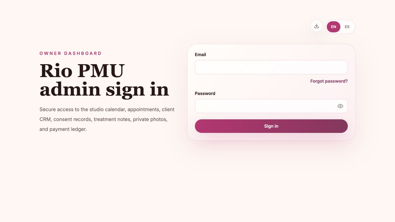 Rio PMU Studio owner portal sign-in experience