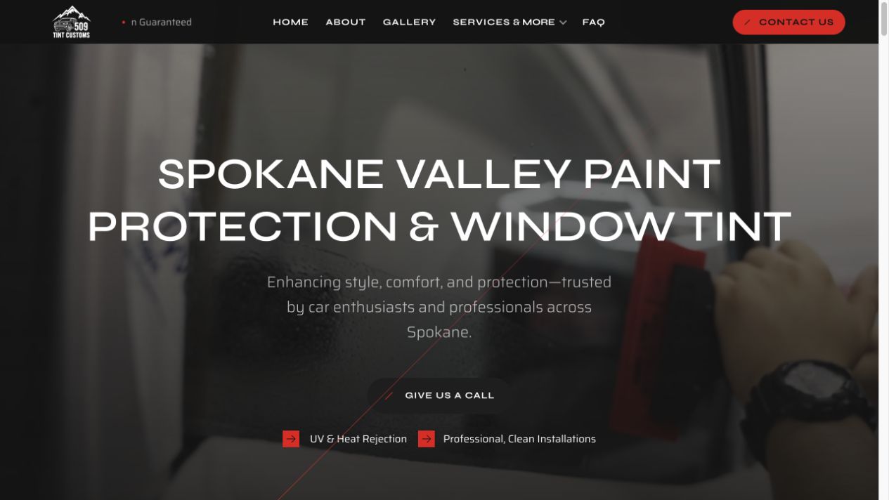 509 Tint Customs homepage featuring its Spokane Valley paint protection and window tint services