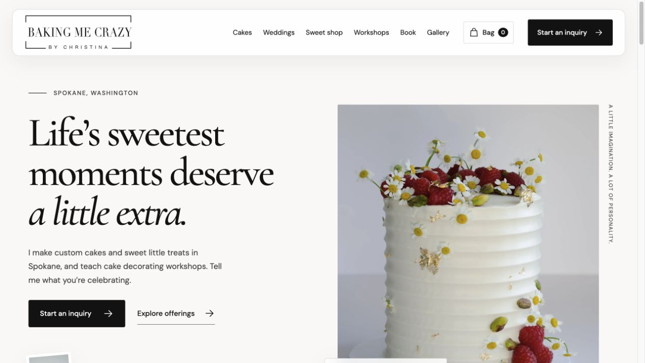 Baking Me Crazy by Christina homepage featuring custom cakes and baking experiences in Spokane