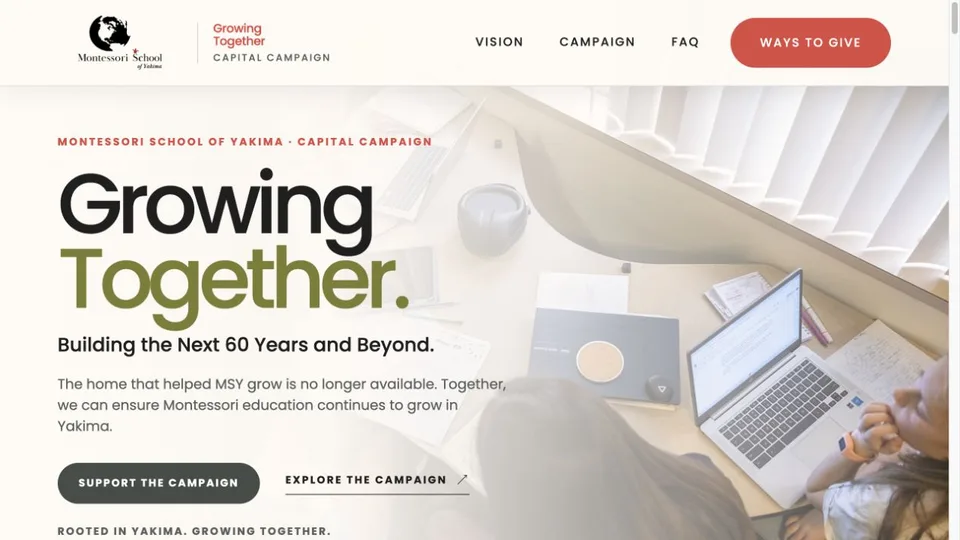 Growing Together capital campaign homepage for Montessori School of Yakima