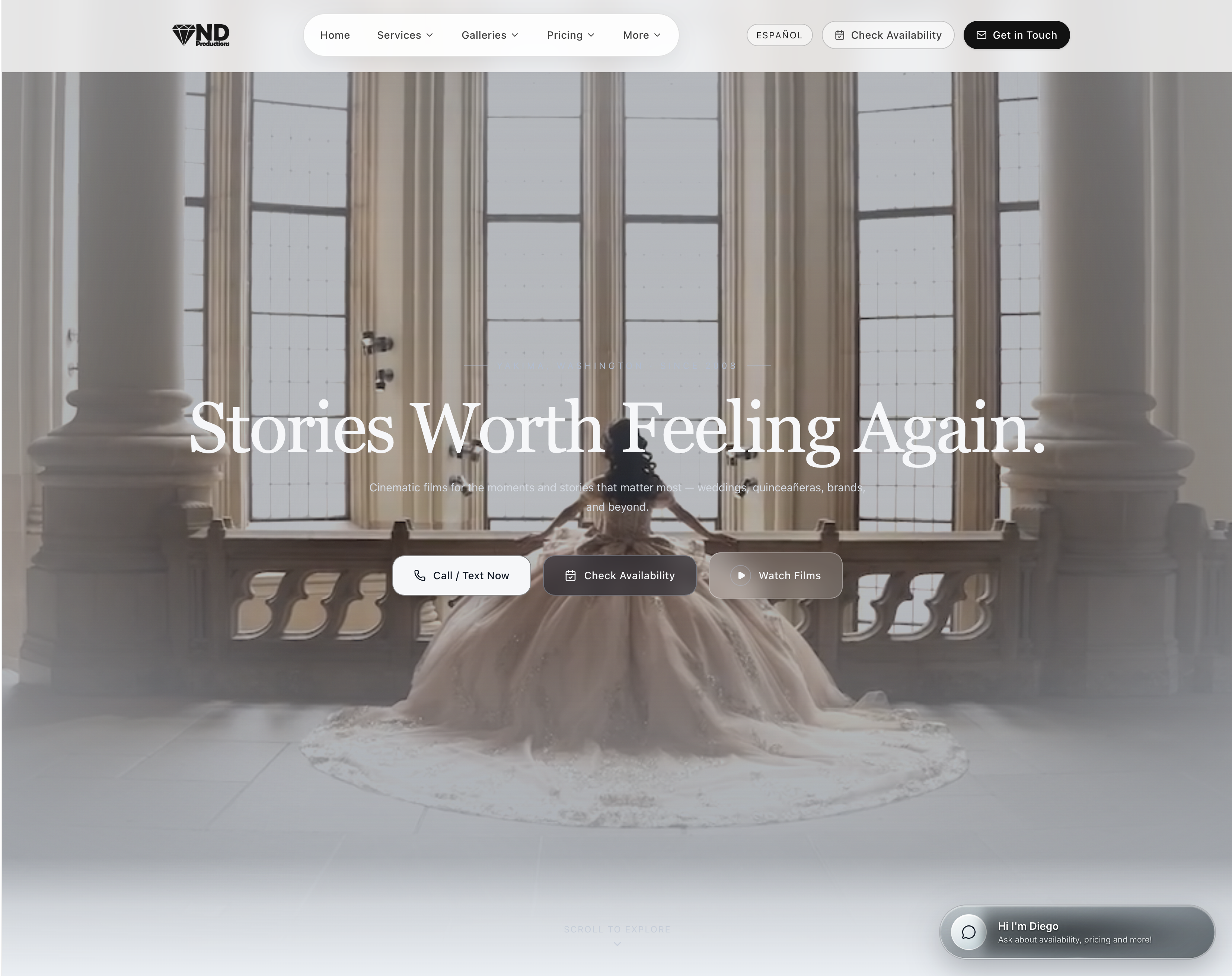 New Diamond Productions website homepage with cinematic event imagery and availability links